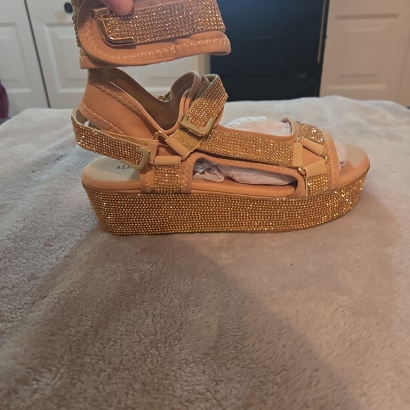 AKIRA Gold Rhinestone Platform Sandals - Picture 1 of 3